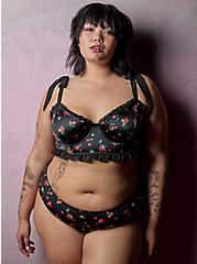 Black Cherries Ruffle Trim Bow Strap Underwire Lightly Lined Bralette, CHERRY, hi-res