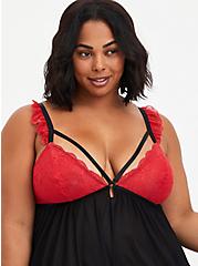 Plus Size Strappy Cap Sleeve Lace Bralette Babydoll - Lace Red, SCARLET, alternate