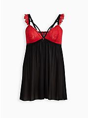 Plus Size Strappy Cap Sleeve Lace Bralette Babydoll - Lace Red, SCARLET, hi-res