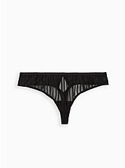 Plus Size Black Striped Mesh Cut Out Thong Panty, RICH BLACK, hi-res