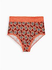 Plus Size Coral Skull Floral Wide Lace Cotton High Waist Panty, DITSY MUERTOS CORAL, alternate