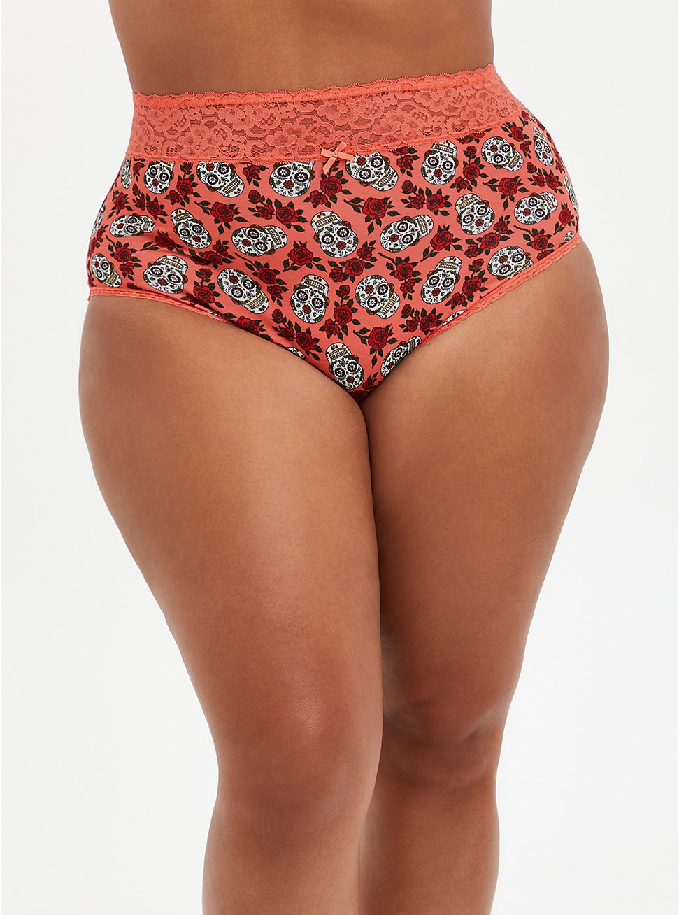 Plus Size Coral Skull Floral Wide Lace Cotton High Waist Panty, DITSY MUERTOS CORAL, hi-res