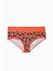 Plus Size Coral Skull Floral Wide Lace Cotton Cheeky Panty, DITSY MUERTOS CORAL, alternate