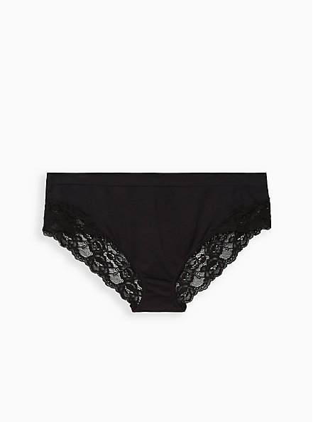 Plus Size Flirt Hipster Panty - Lace + Seamless Black, RICH BLACK, hi-res