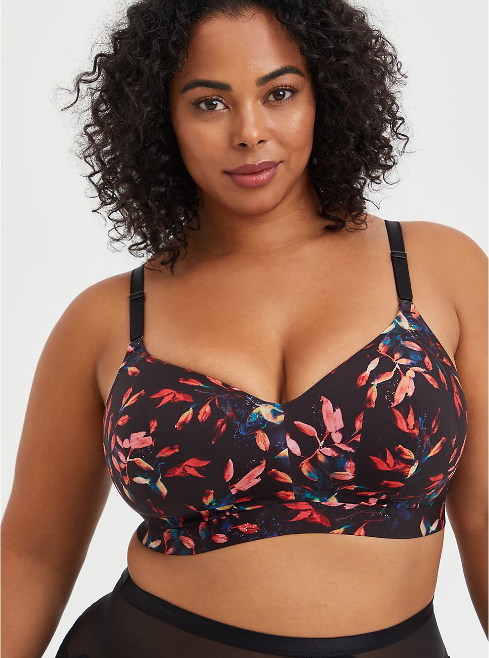 Plus Size  Lightly Lined Longline Wire-Free Bra - Leaves Black with 360° Back Smoothing™ , LEAVES - MULTI, hi-res