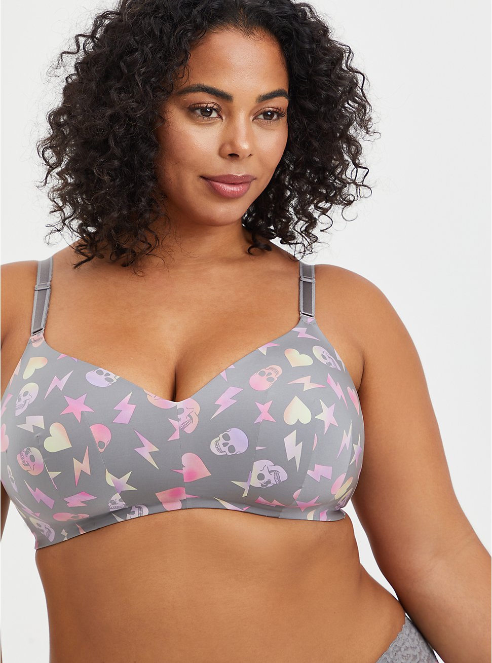 Plus Size Lightly Lined Wire-Free Bra - Grey Skull Abstract with 360° Back Smoothing™ , ABSTRACT TOSS GREY , hi-res