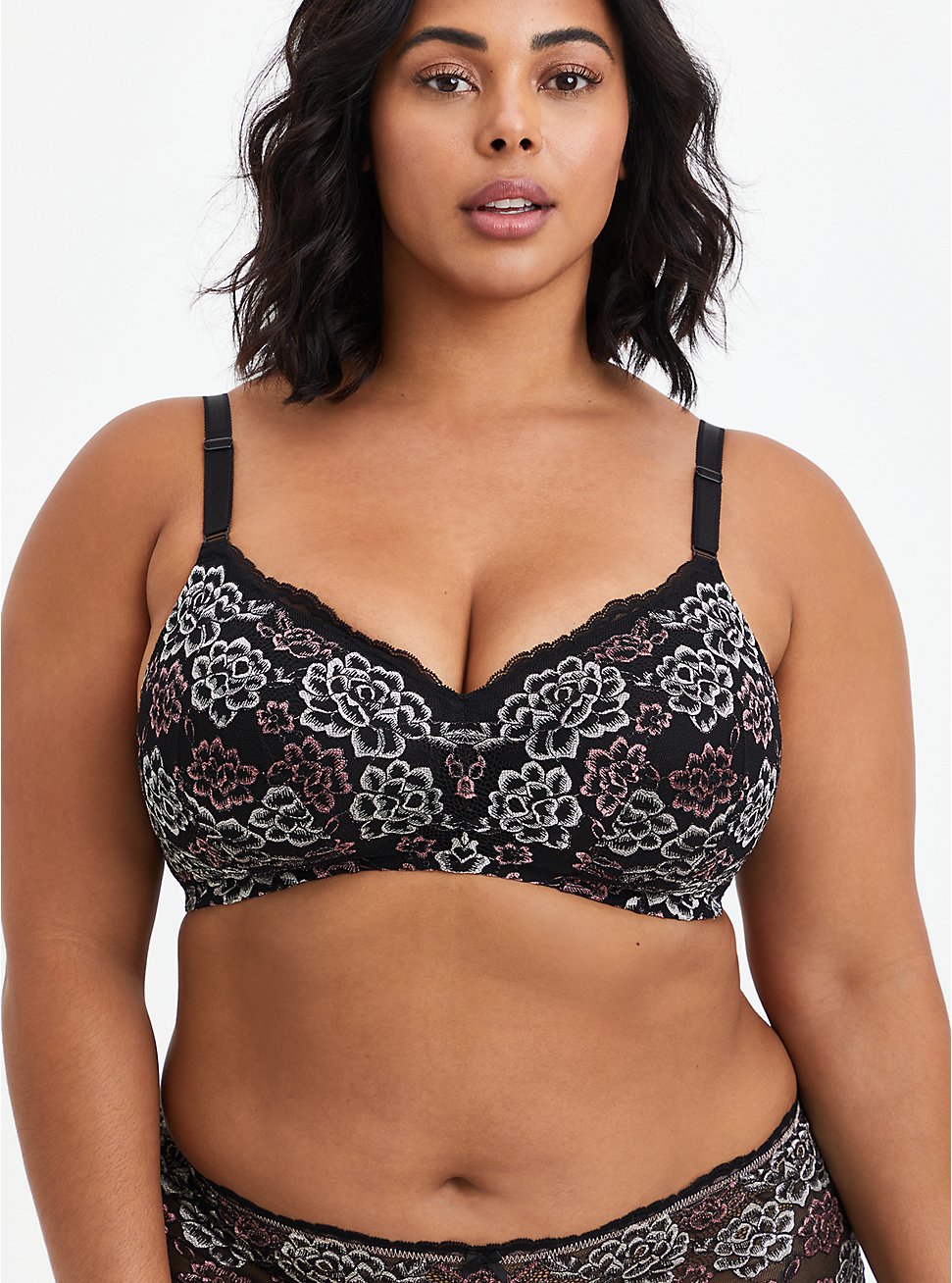 Plus Size Lightly Lined Wire-Free Bra - Black & Pink Lace with 360° Back Smoothing™ , FADED FLORAL, hi-res