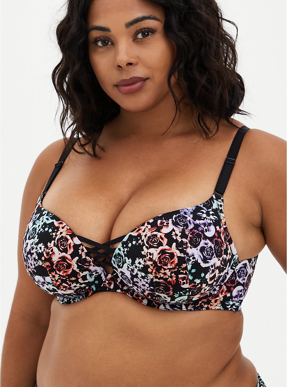 Plus Size XO Push-Up Plunge Bra - Microfiber Floral + Skulls with 360° Back Smoothing™, MIRRORED SKULL FLORAL, hi-res