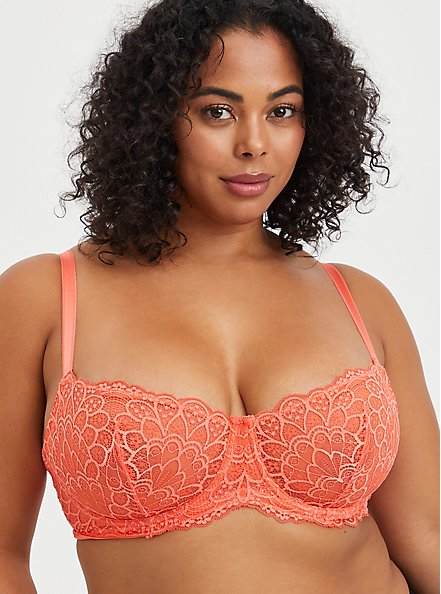 Unlined Balconette Bra - Ditsy Floral Lace Coral , LIVING CORAL, hi-res