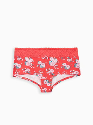 Plus Size - Bright Berry Floral Wide Lace Cotton Boyshort Panty - Torrid