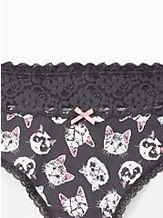 Dark Slate Grey Kittens Wide Lace Cotton Thong Panty, , alternate