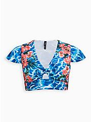 Plus Size Blue Water Floral Sleeve Swim Top, MULTI, hi-res