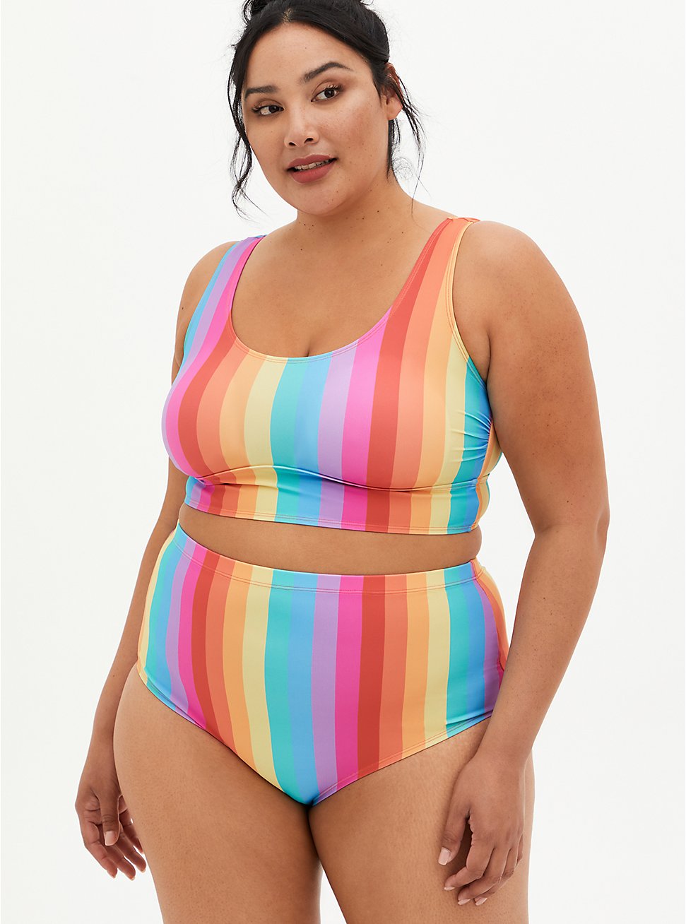 Plus Size Rainbow Stripe Scoop Bikini Top, MULTI, hi-res