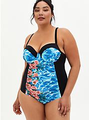 Plus Size Underwire Slim Fix One Piece Swimsuit - Blue Water Floral , MULTI, hi-res