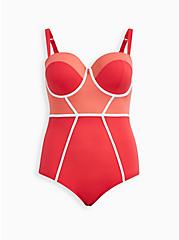 Plus Size Pink Color Block Wired One Piece, PINK, hi-res