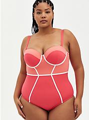 Plus Size Pink Color Block Wired One Piece, PINK, hi-res