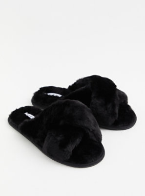 Plus Size - Black Faux Fur Crisscross Slipper (WW) - Torrid