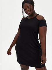 Super Soft Black Cold-Shoulder T-Shirt Mini Dress, DEEP BLACK, hi-res