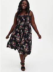 Plus Size Midi Challis Smocked Tiered Dress, FLORAL BLACK, hi-res