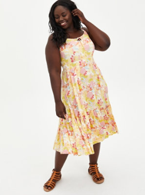 Plus Size - Super Soft Yellow Floral Tie-Front Tiered Midi Dress - Torrid