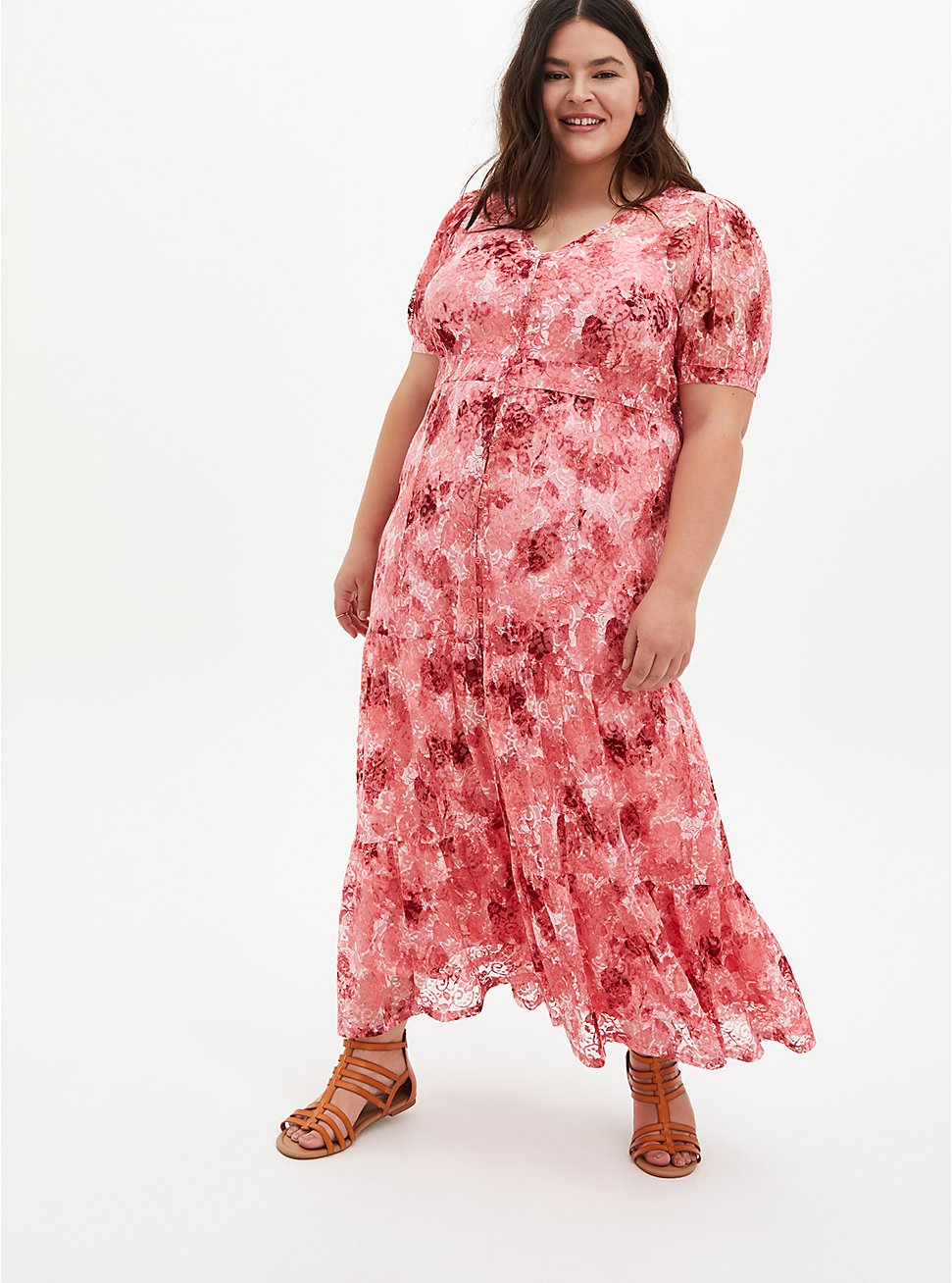 Maxi Lace Button-Front Tiered Dress, FLORAL PINK, hi-res