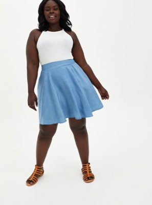 Plus Size - Blue Chambray Mini Skater Skirt - Torrid