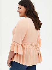 Rayon Embroidered Bell Sleeve Top, PEACH NECTAR, alternate