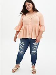 Plus Size Peach Embroidered Bell Sleeve Blouse, PEACH NECTAR, alternate