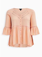 Plus Size Peach Embroidered Bell Sleeve Blouse, PEACH NECTAR, hi-res
