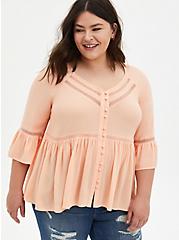 Plus Size Peach Embroidered Bell Sleeve Blouse, PEACH NECTAR, hi-res