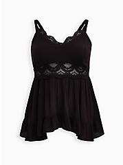 Babydoll Gauze With Lace Inset Cami, DEEP BLACK, hi-res