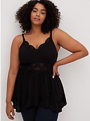 Babydoll Gauze With Lace Inset Cami, DEEP BLACK, hi-res