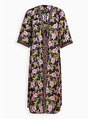 Plus Size Maxi Chiffon Tie-Front Coverup Kimono, CHEETAH FLORAL, hi-res