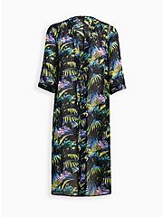 Plus Size Maxi Chiffon Tie-Front Coverup Kimono, PALMS FOREST BLACK, hi-res