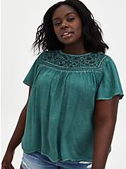  Teal Wash Challis Embroidered Blouse, GREEN, alternate