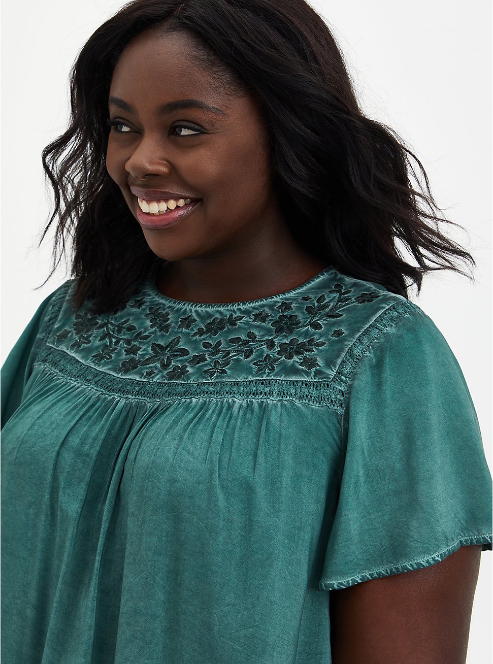  Teal Wash Challis Embroidered Blouse, GREEN, hi-res