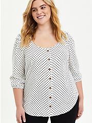 White & Black Polka Dot Button-Front Puff Sleeve Woven Top, DOTS - BLACK, hi-res