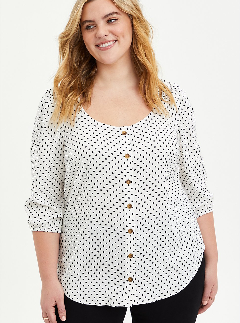 White & Black Polka Dot Button-Front Puff Sleeve Woven Top, DOTS - BLACK, hi-res