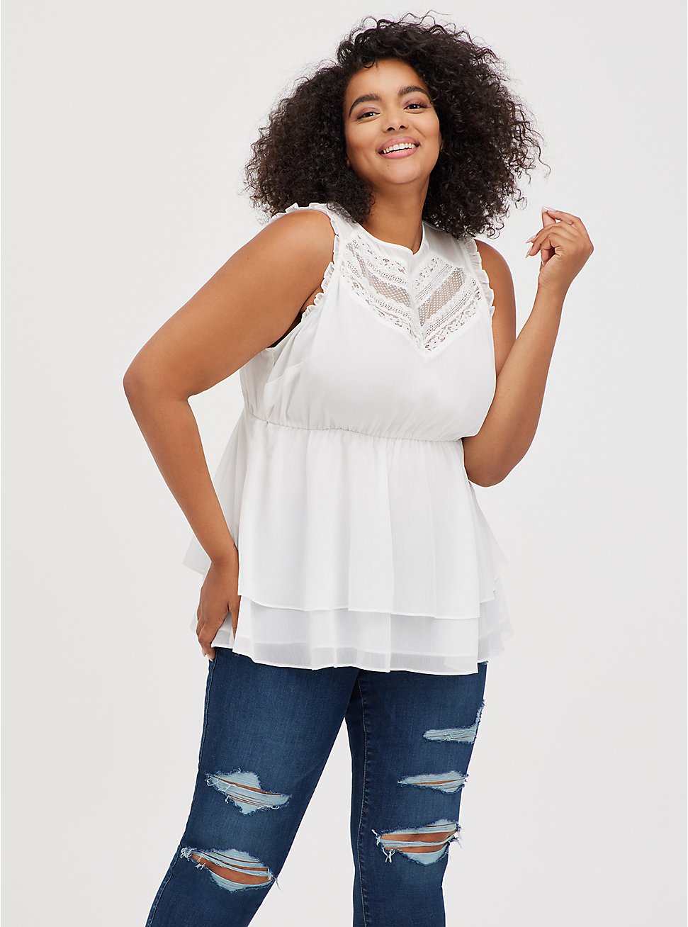 MM11 Details about  / Torrid Plus Size 6//6X Tiered Lace Babydoll Top Sleeveless White
