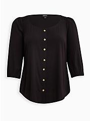 Rayon Slub Button-Front Puff Sleeve Top, DEEP BLACK, hi-res
