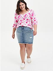 Rayon Slub Button-Front Puff Sleeve Top, FLORAL PINK, alternate