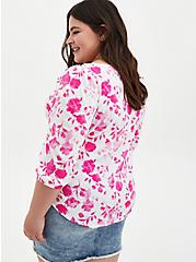 Rayon Slub Button-Front Puff Sleeve Top, FLORAL PINK, alternate