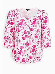 Rayon Slub Button-Front Puff Sleeve Top, FLORAL PINK, hi-res