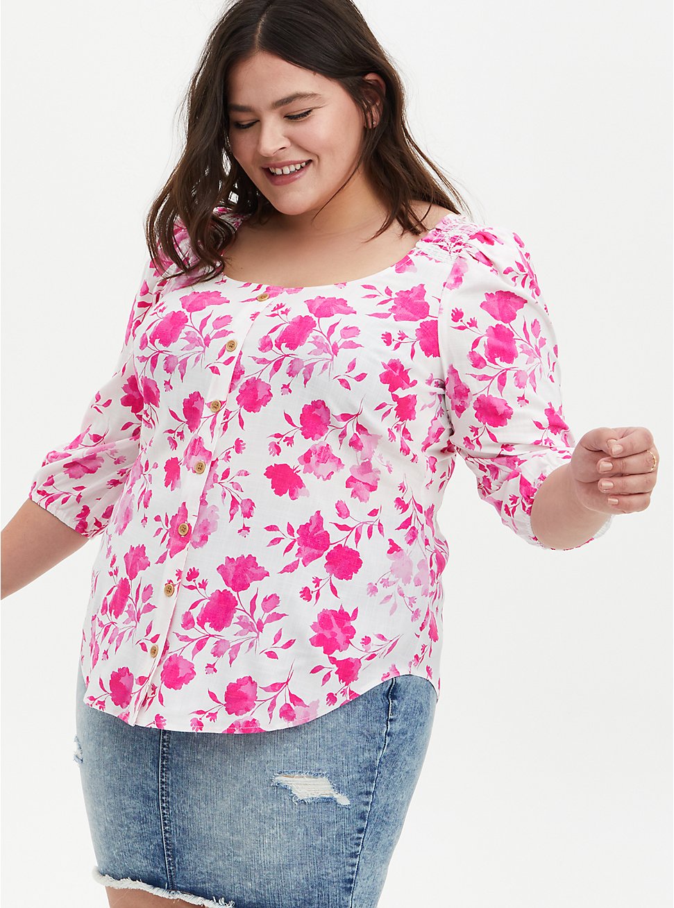 Rayon Slub Button-Front Puff Sleeve Top, FLORAL PINK, hi-res
