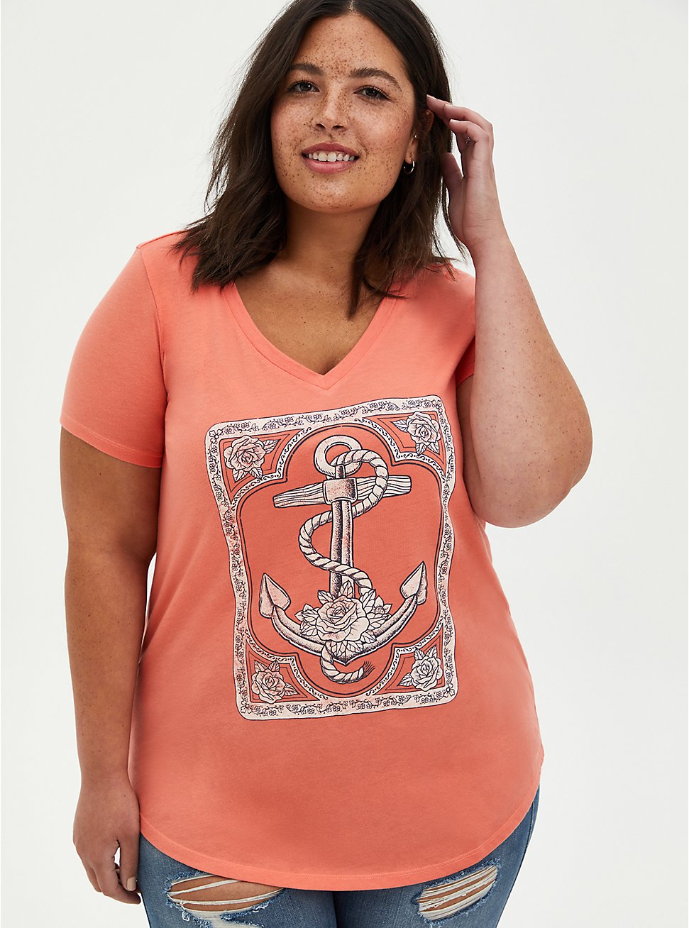 Classic Fit - Anchor Rose Peach V-Neck Crew Tee, FUSION CORAL, hi-res