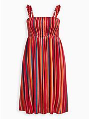 Pink Stripe Challis Smocked Tiered Midi Dress, STRIPE-PINK, hi-res