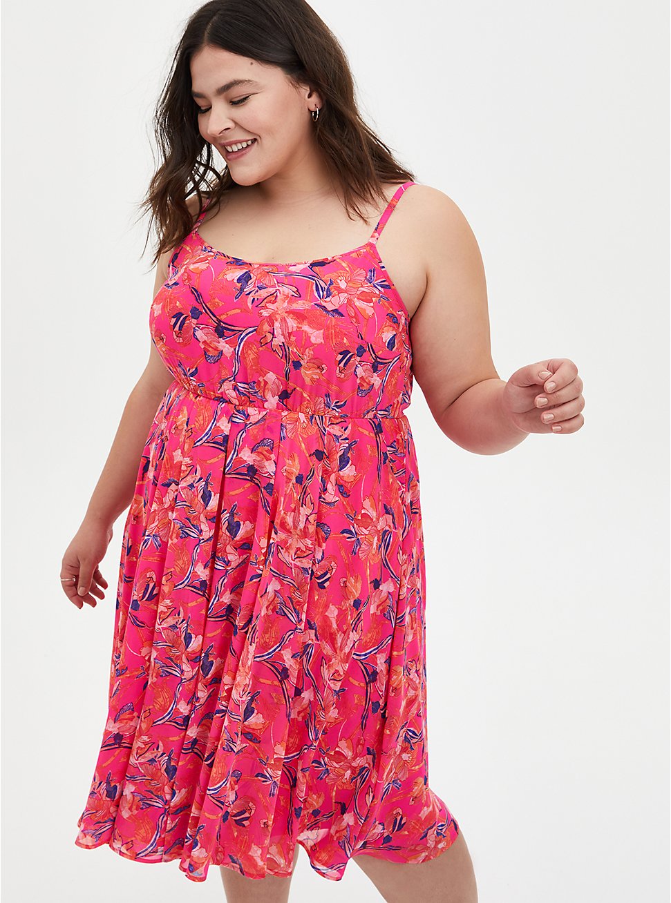 Plus Size Pink Floral Pleated Chiffon Skater Midi Dress , FLORAL - PINK, hi-res