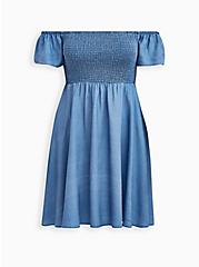 Blue Chambray Off-Shoulder Smocked Skater Dress, CHAMBRAY, hi-res