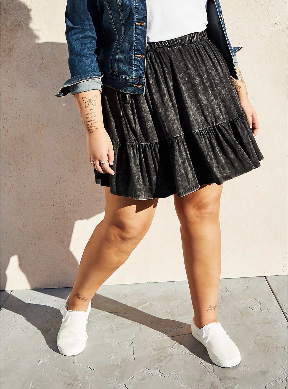 Plus Size Black Wash Super Soft Tiered Mini Circle Skirt, MINERAL BLACK, hi-res