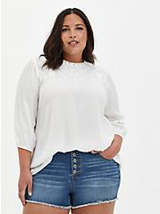 Plus Size White Crinkle Gauze Embroidered Blouse, CLOUD DANCER, hi-res